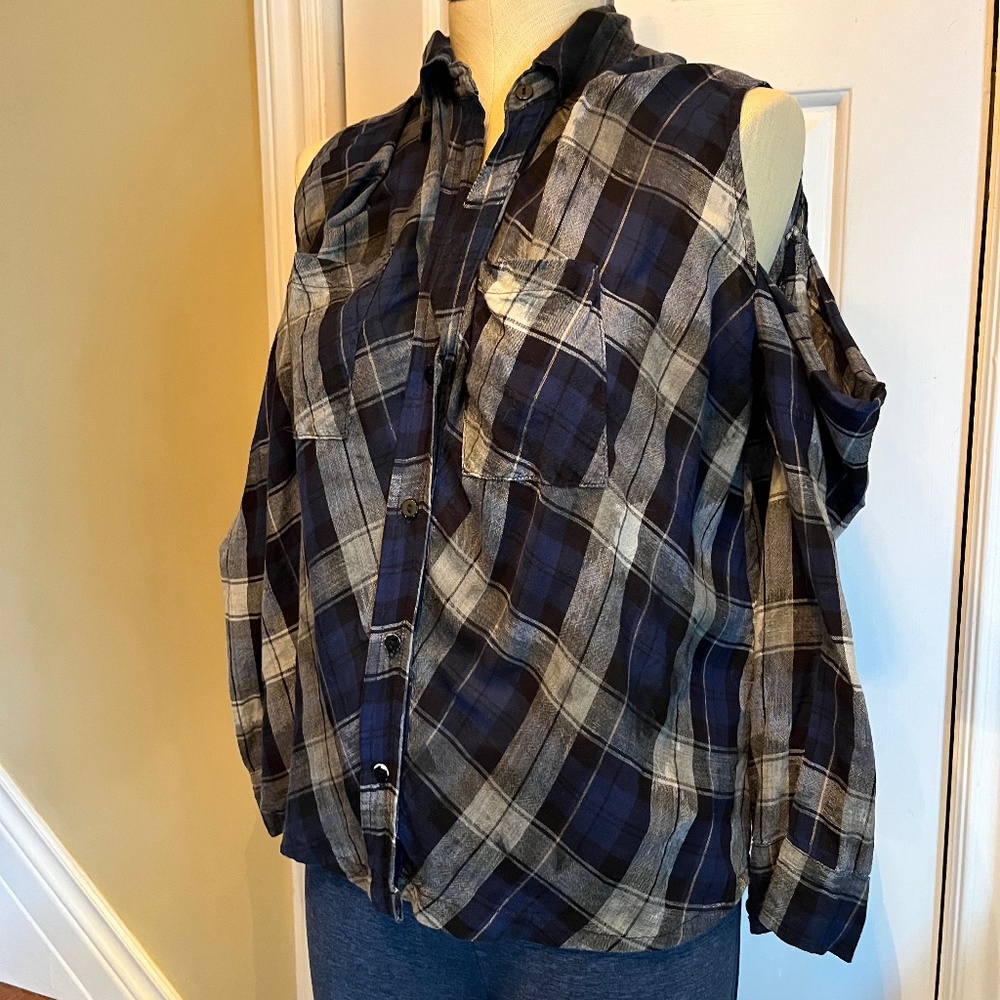 Enza Costa Cold Shoulder Plaid Button Down